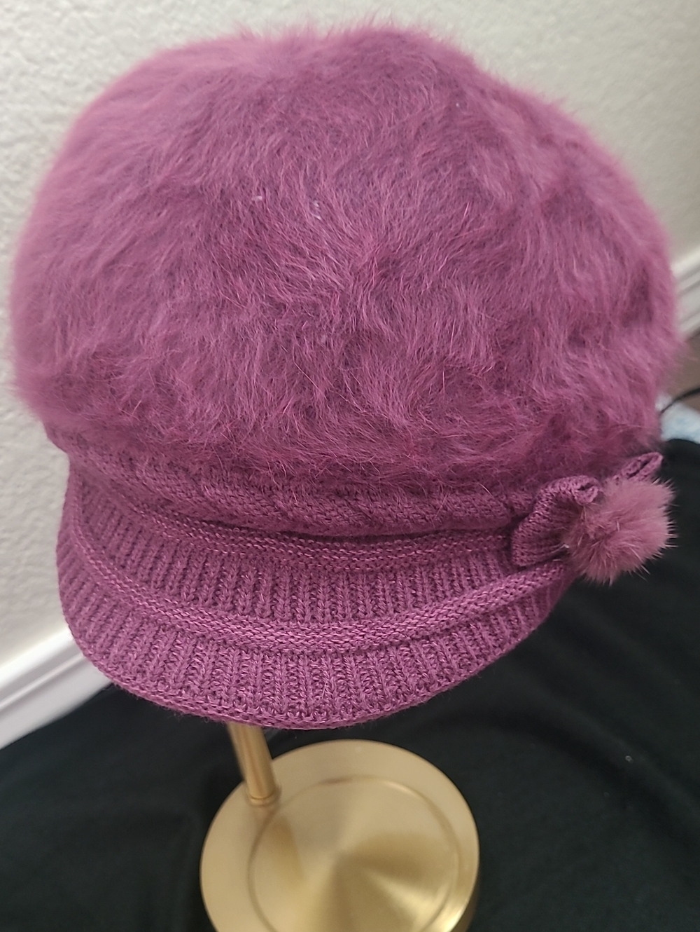 Women’s Beret Hat Angora Pom Pom Beanie - Purple - Picture 7 of 8